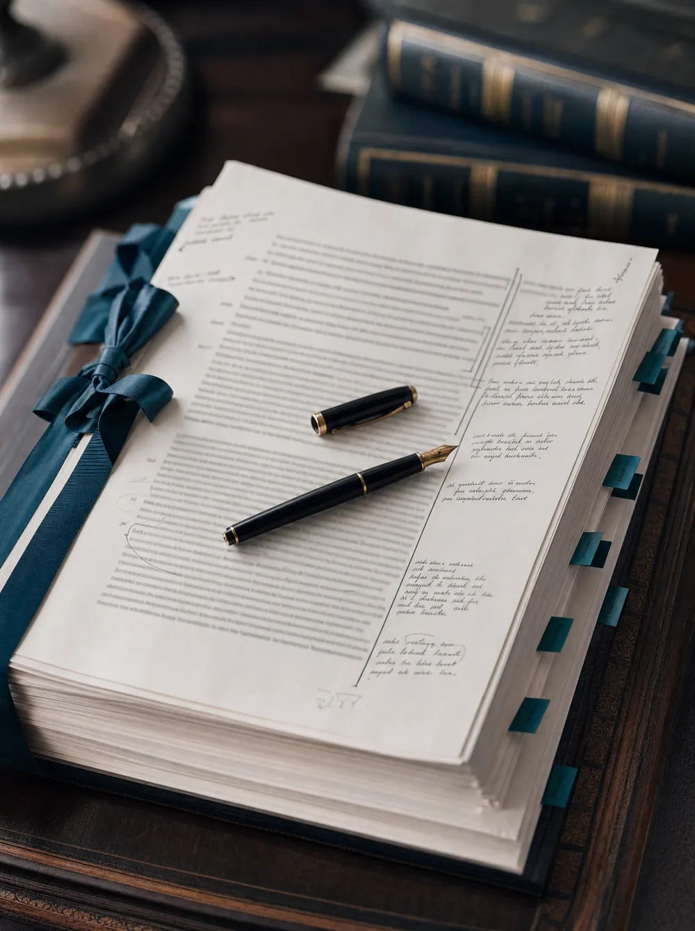 An annotated legal contract with teal exhibit tabs and a fountain pen