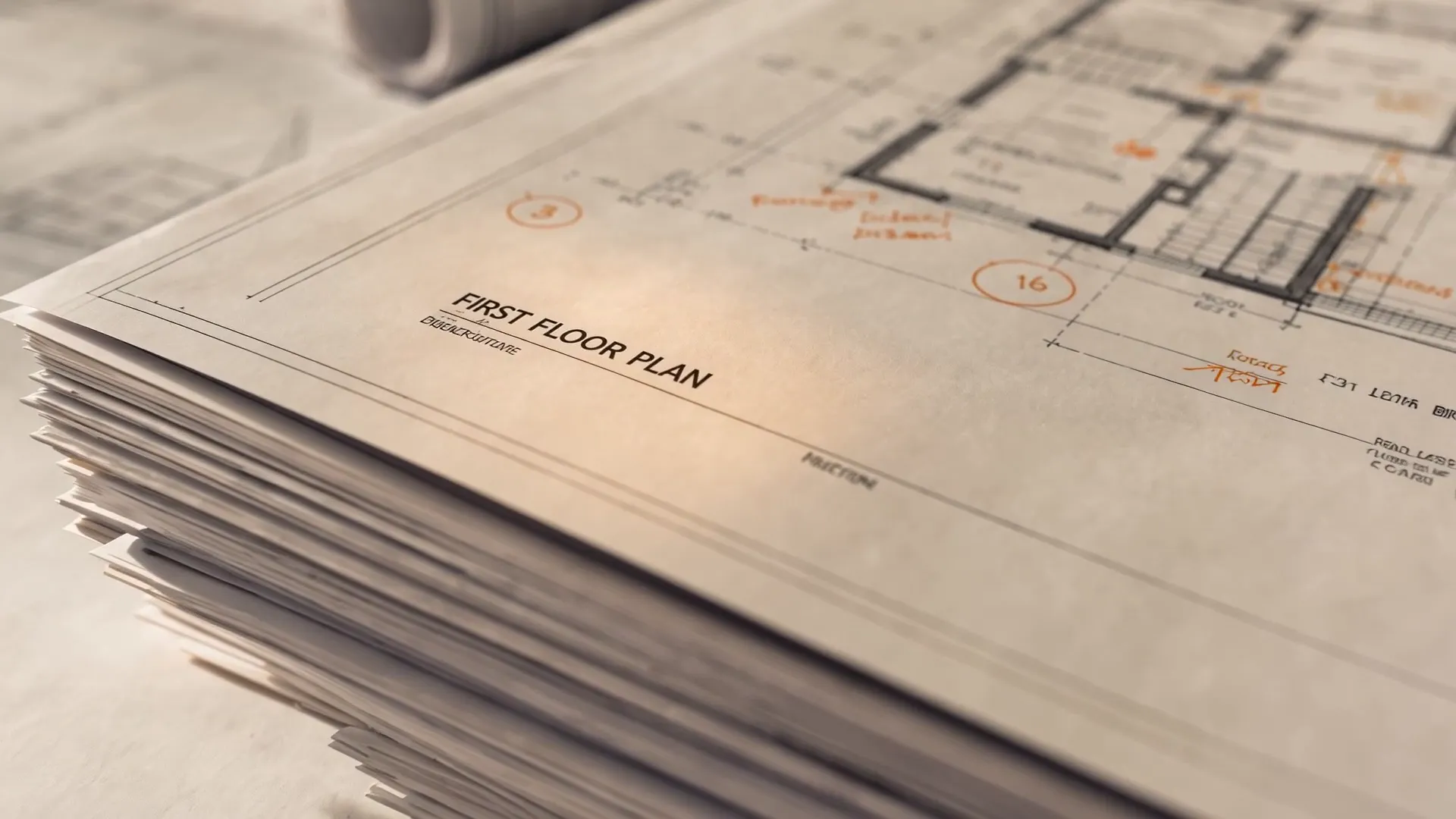 A stack of construction drawings, the top sheet a first floor plan covered in orange takeoff markups